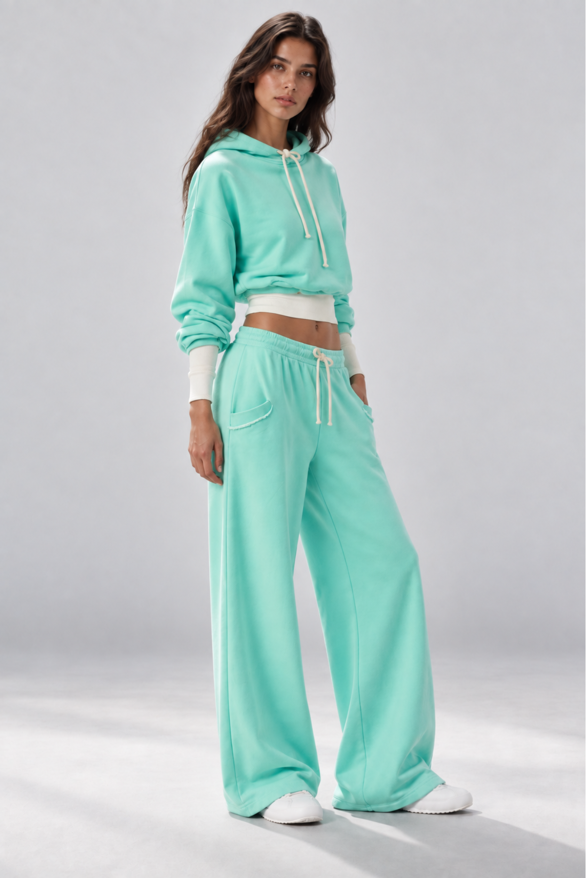 Neon Mint Cropped Hoodie & Wide-Leg Set