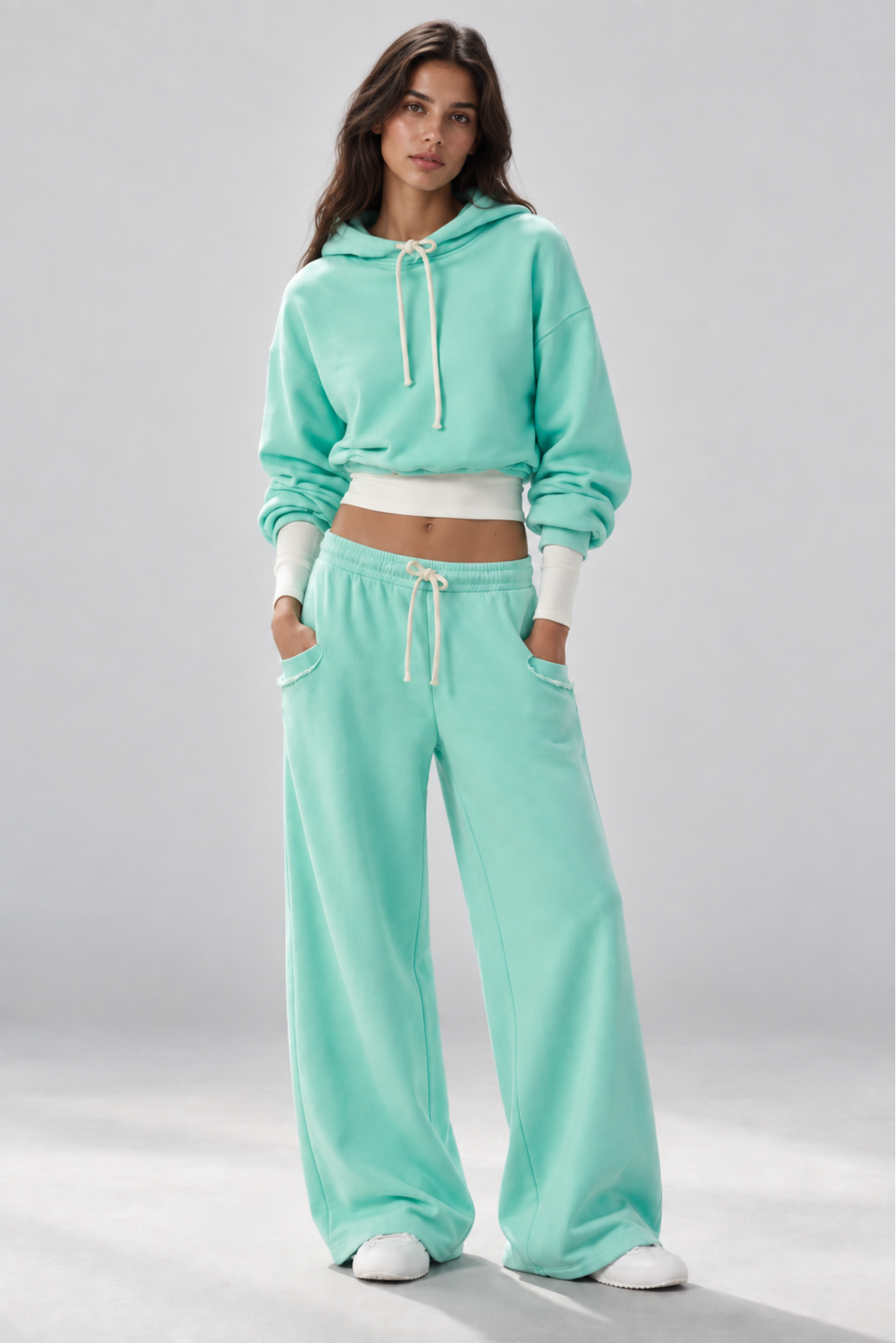 Neon Mint Cropped Hoodie & Wide-Leg Set