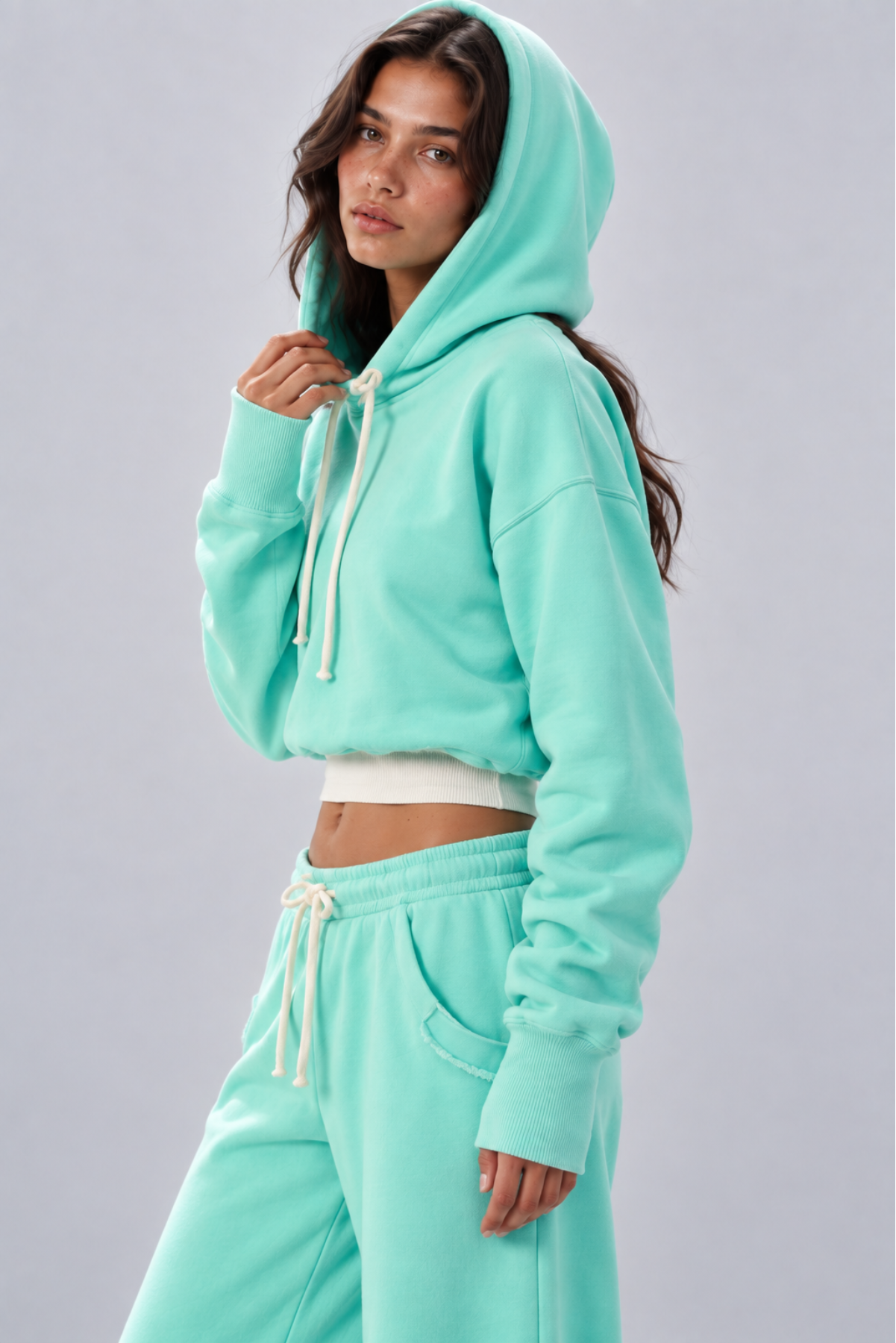 Neon Mint Cropped Hoodie & Wide-Leg Set