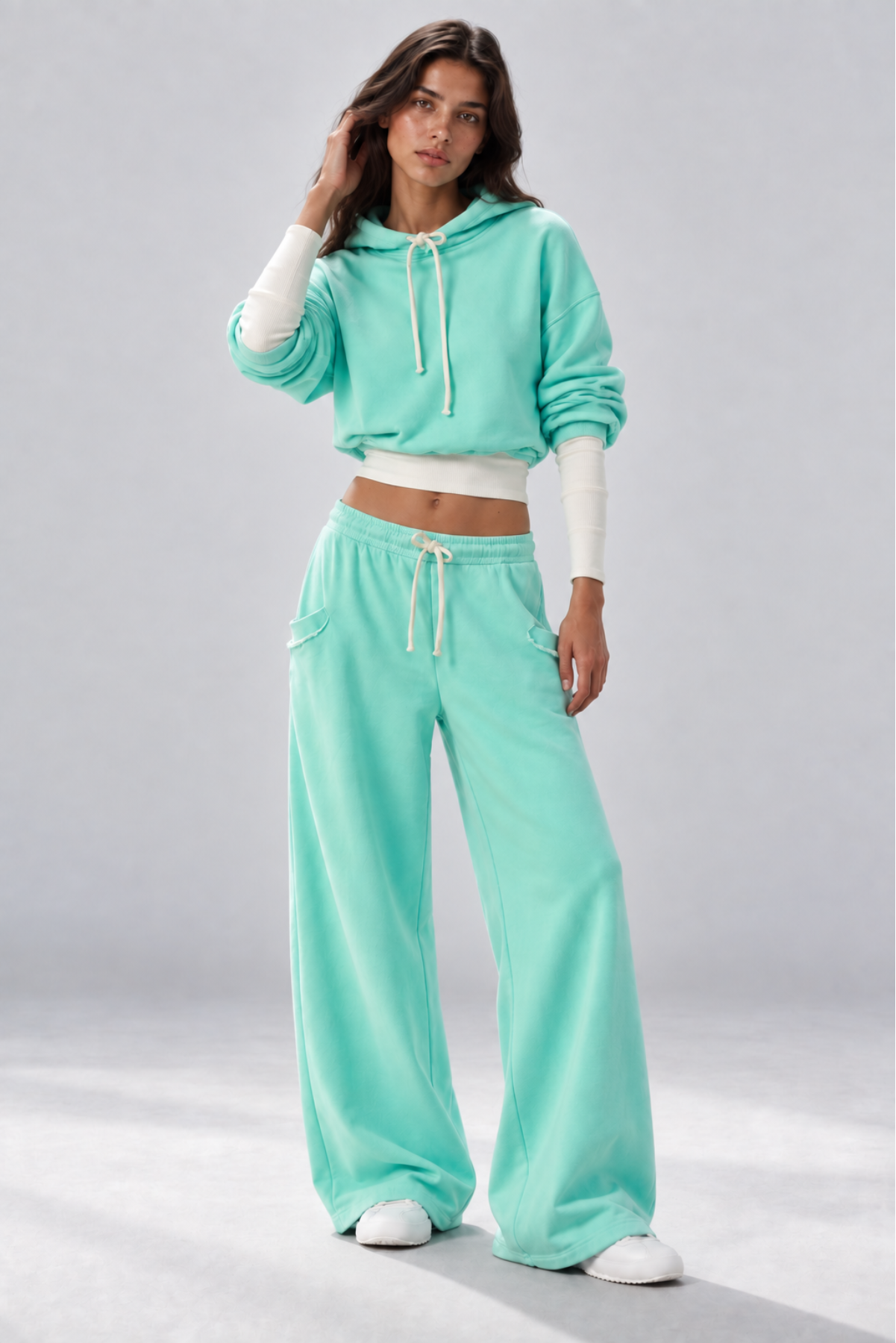 Neon Mint Cropped Hoodie & Wide-Leg Set