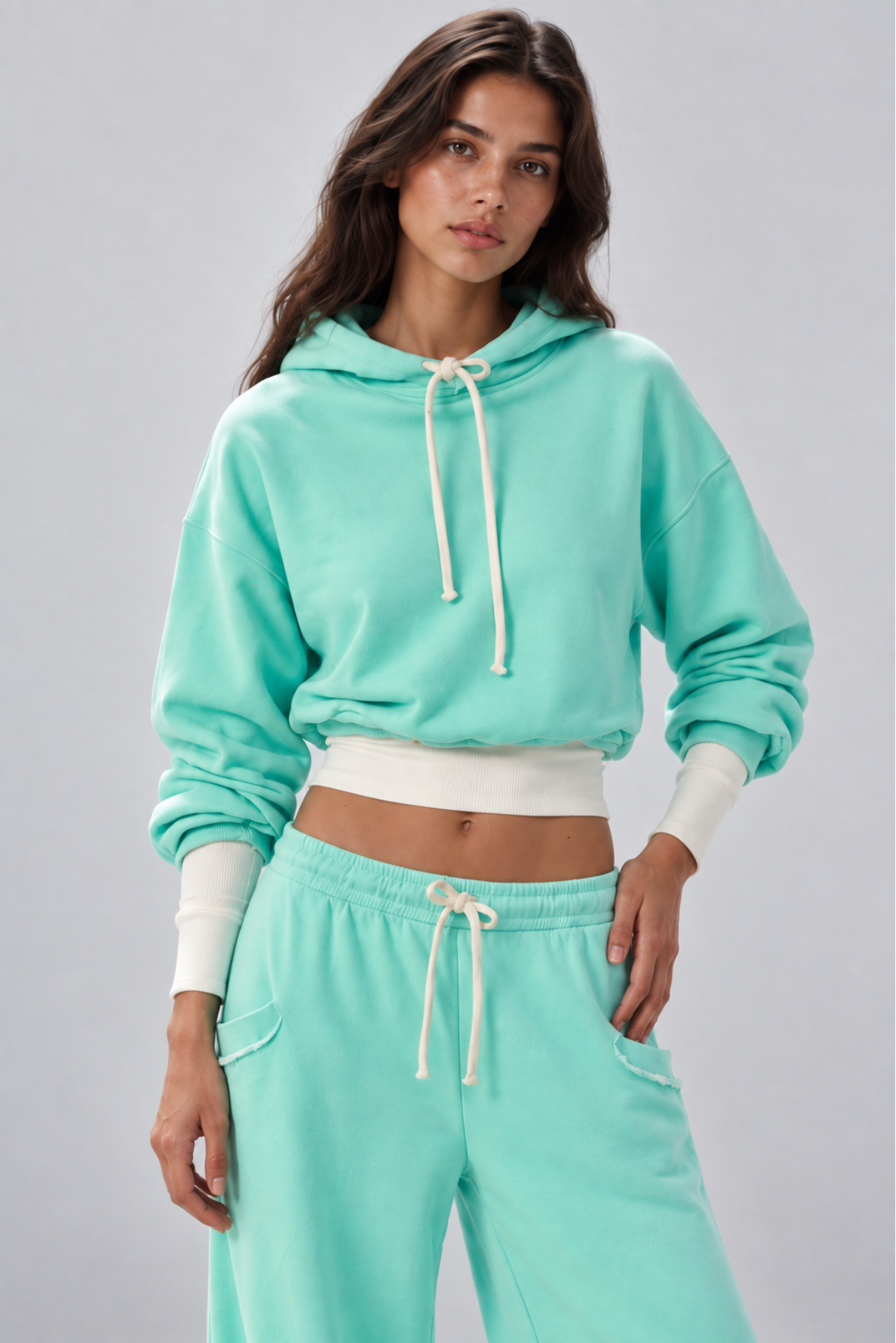 Neon Mint Cropped Hoodie & Wide-Leg Set