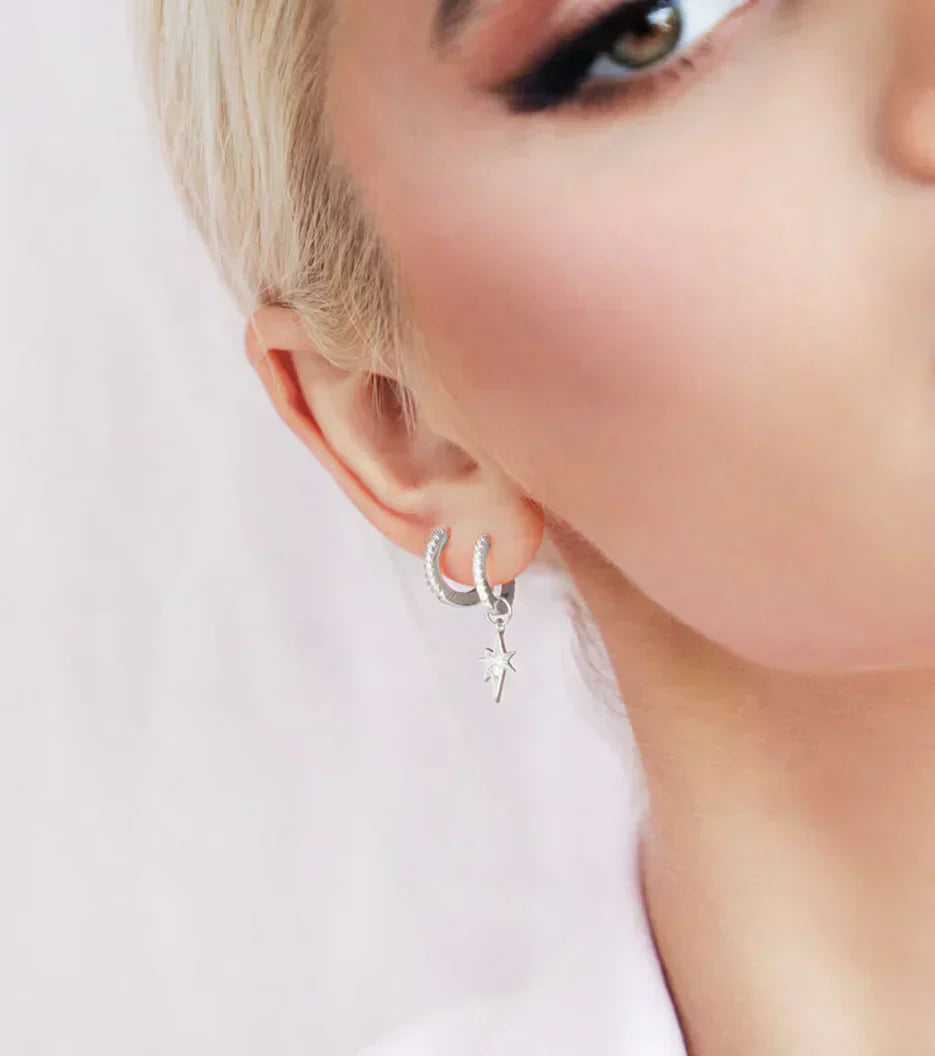 Sterling Silver Crystal Mini Hoop Earrings (Silver)